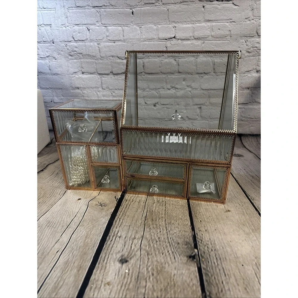 Elegant Glass Cosmetic Organizer with Laced Edge 3 Piece Set, Antique-Gold